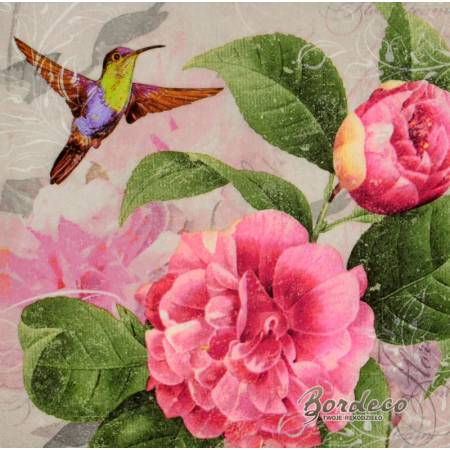 Serwetka decoupage firmy PAPER+ piwonia i koliber 33x33cm